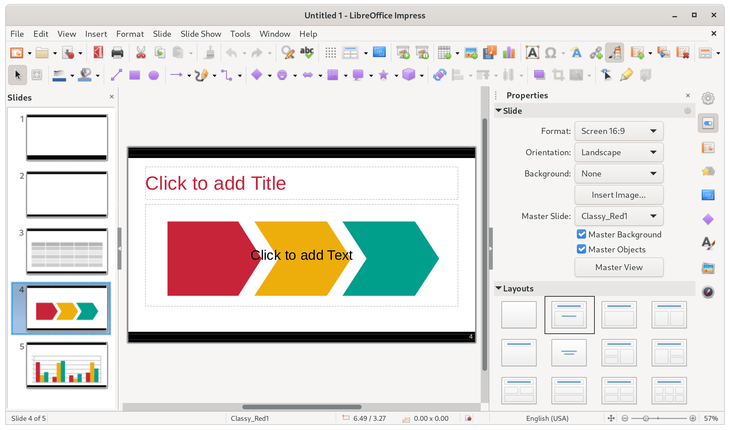 Интерфейс LibreOffice Impress в Linux с открытой презентацией