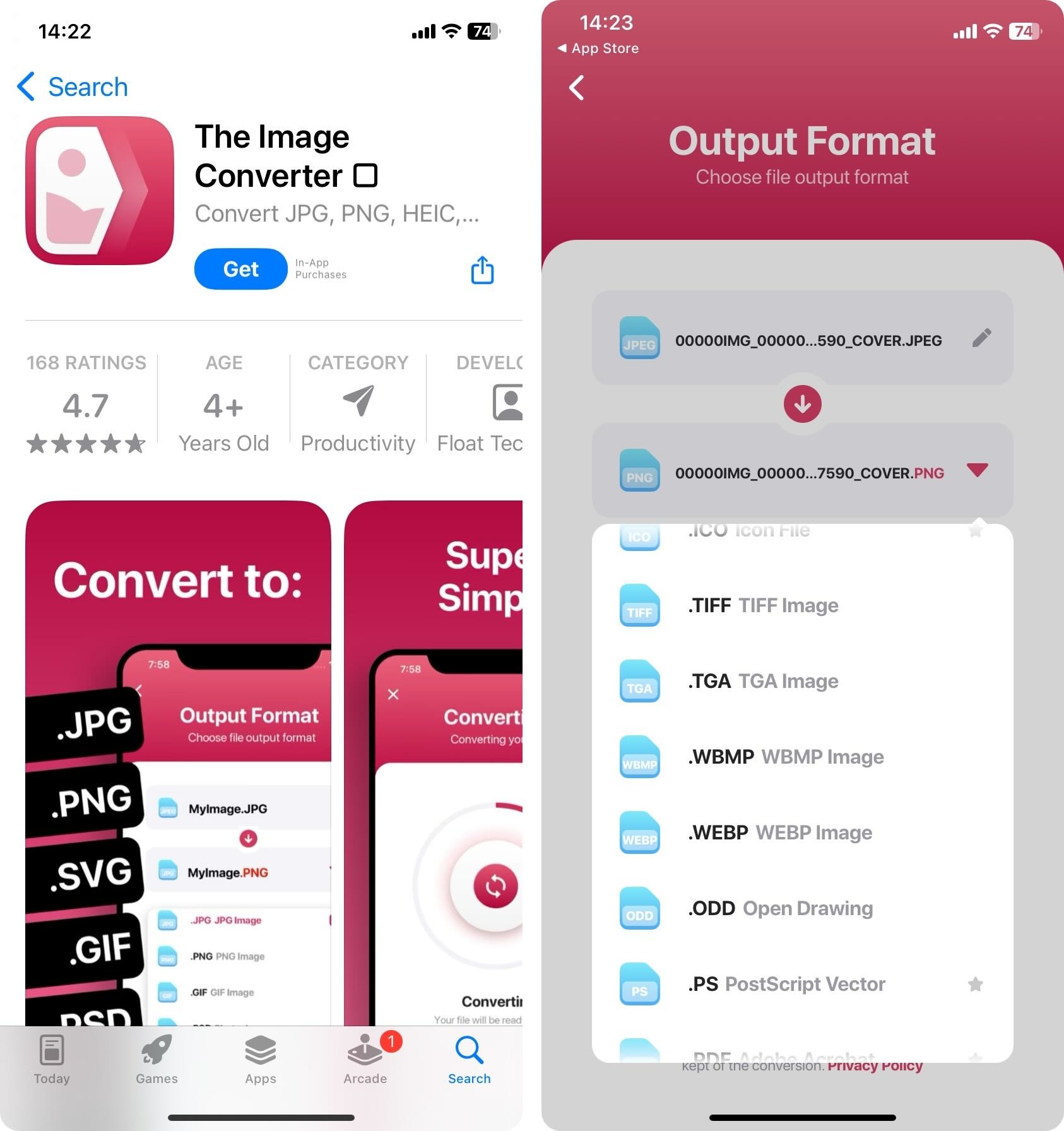 Выбор формата TGA в The Image Converter на iPhone