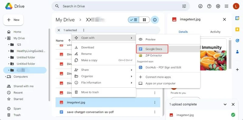 Меню Open with в Google Drive для открытия скана в Google Docs