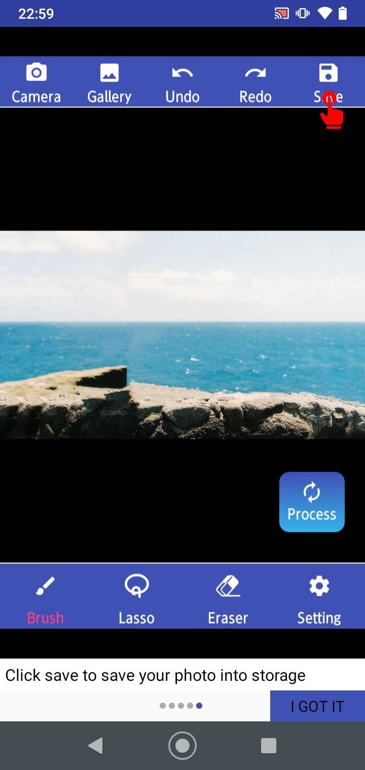 Android-приложение Remove Unwanted Object: Brush, Lasso, Eraser и кнопка Process