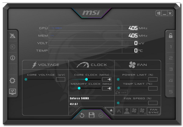 Главное окно MSI Afterburner с настройками видеокарты