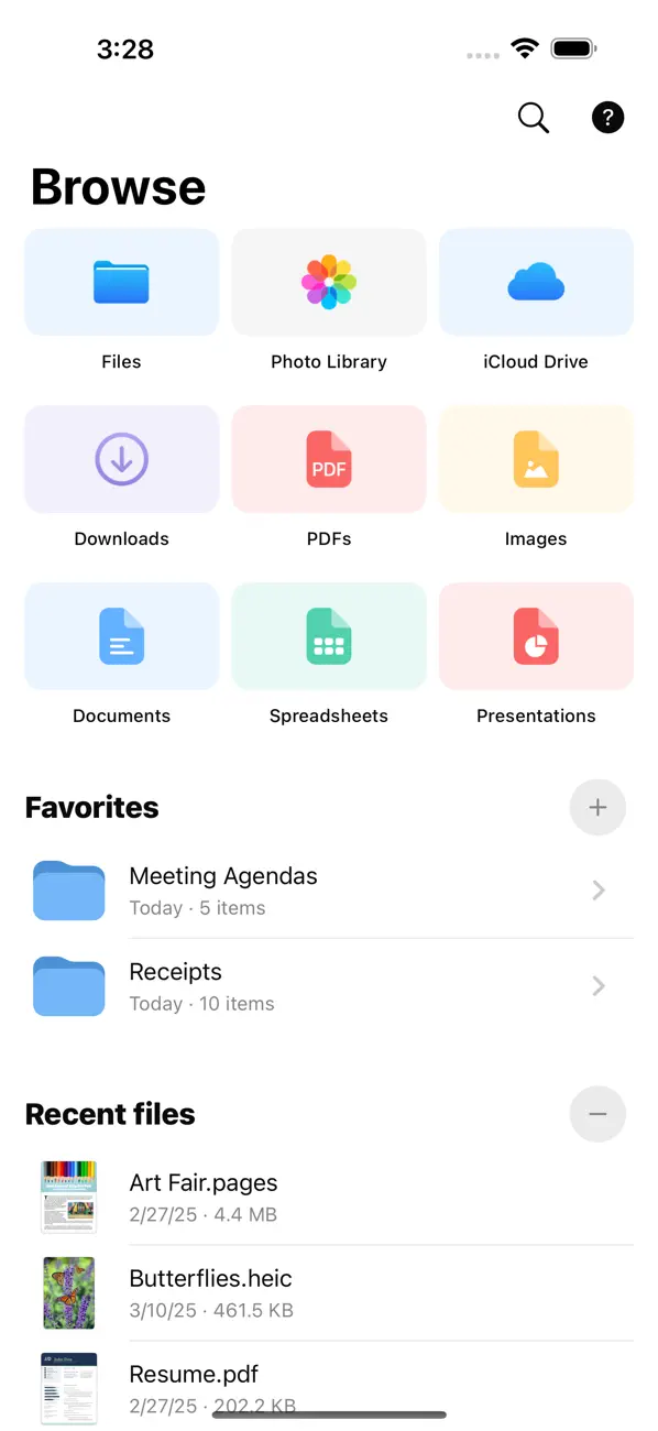 Интерфейс File Viewer for iOS с разделами Files, Photo Library и iCloud Drive