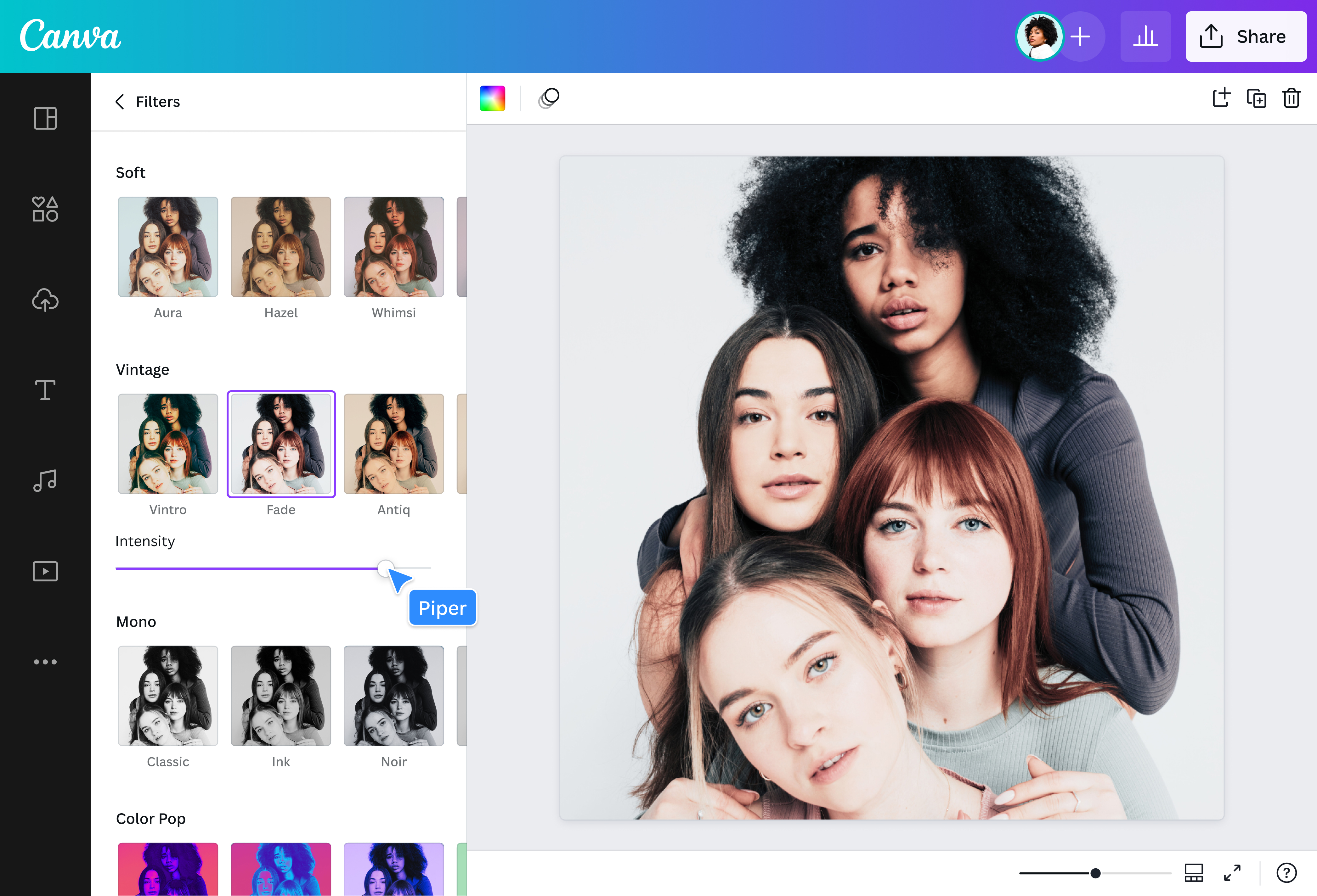 Интерфейс Canva с группой Vintage и ползунком интенсивности фильтра