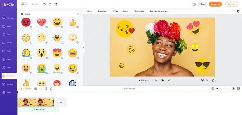 FlexClip с emoji на изображении