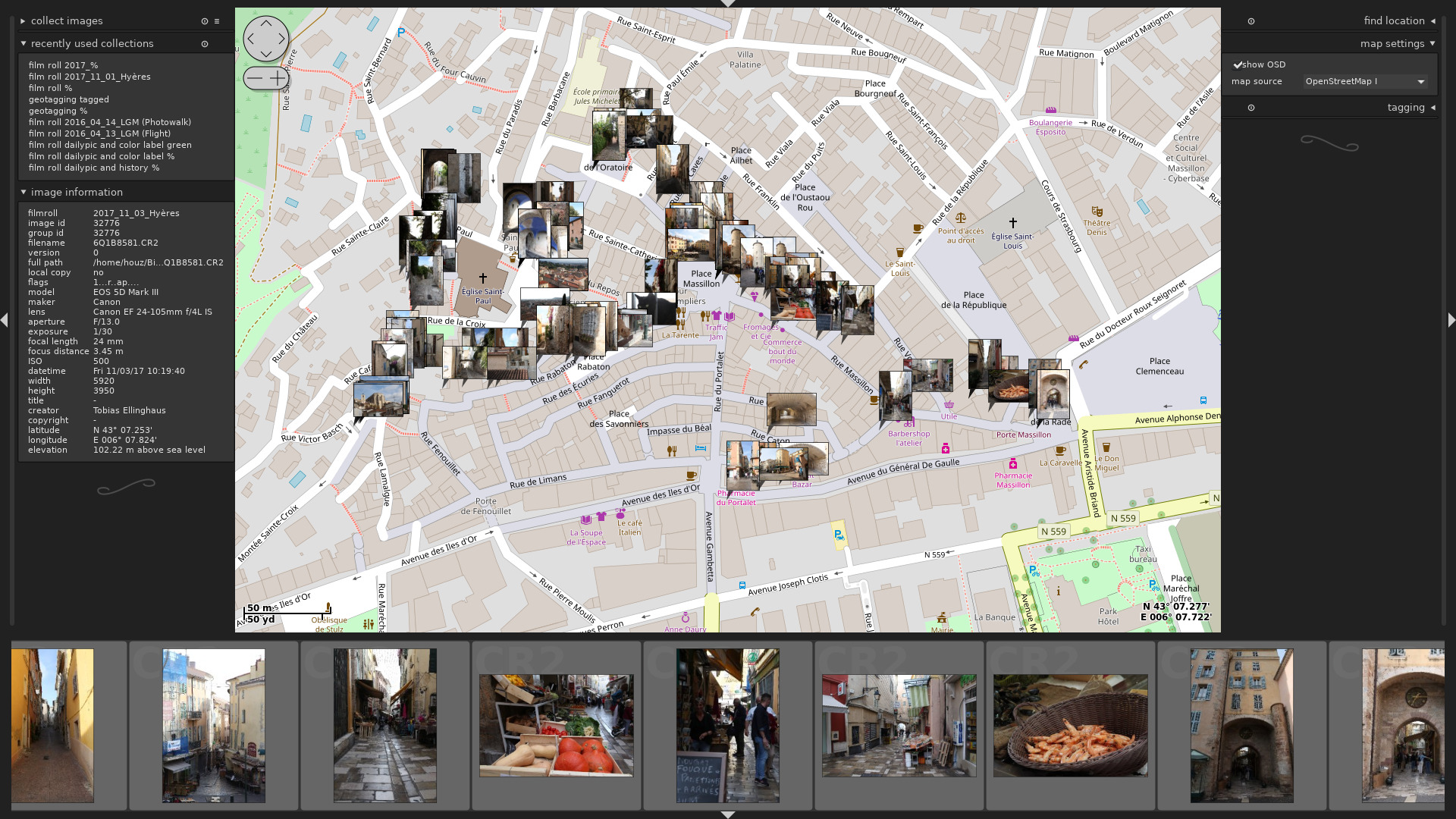 Режим map в darktable с фотографиями на карте