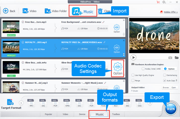 VideoProc Converter AI: раздел Music с форматами вывода, настройками кодека и кнопкой RUN