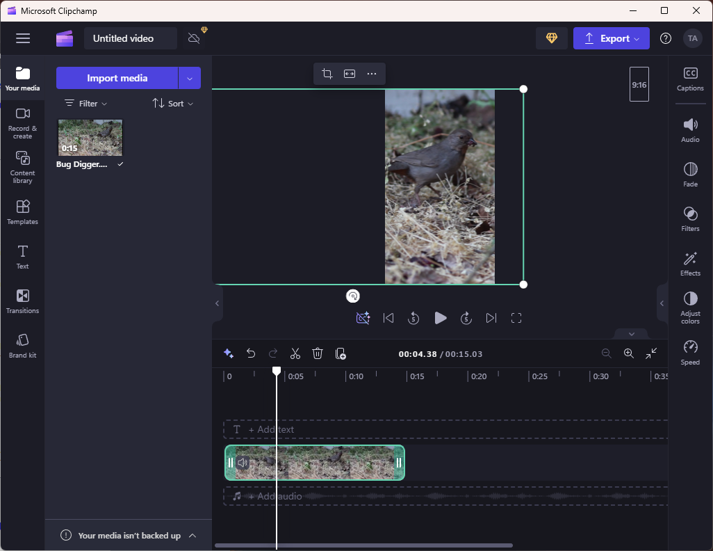 Ручное кадрирование горизонтального видео в Clipchamp