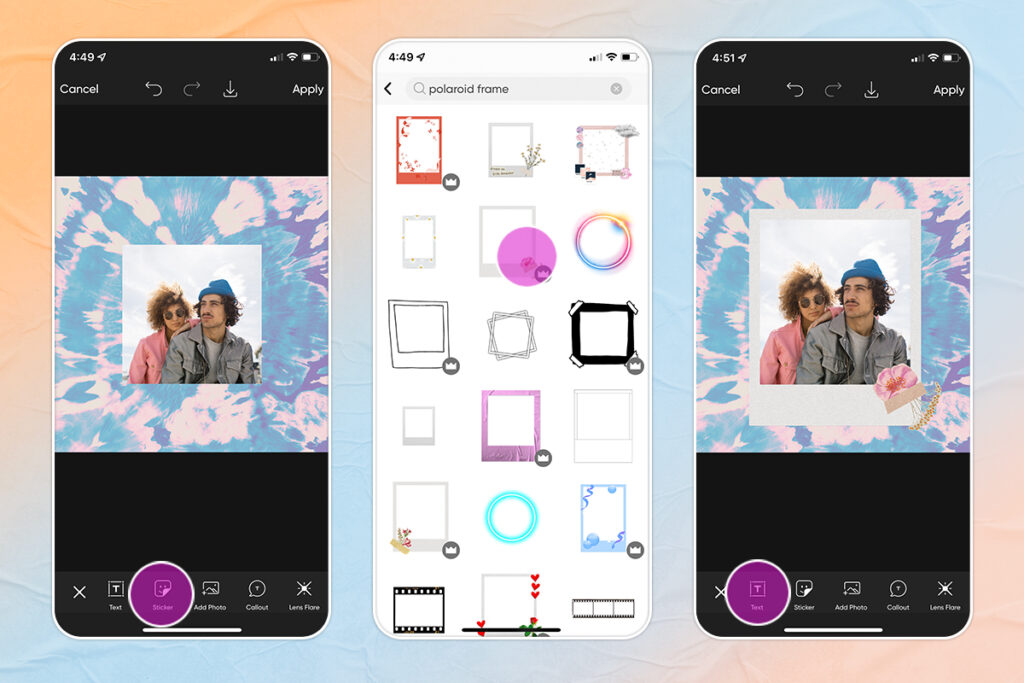 Мобильный интерфейс Picsart с поиском рамки и редактированием коллажа