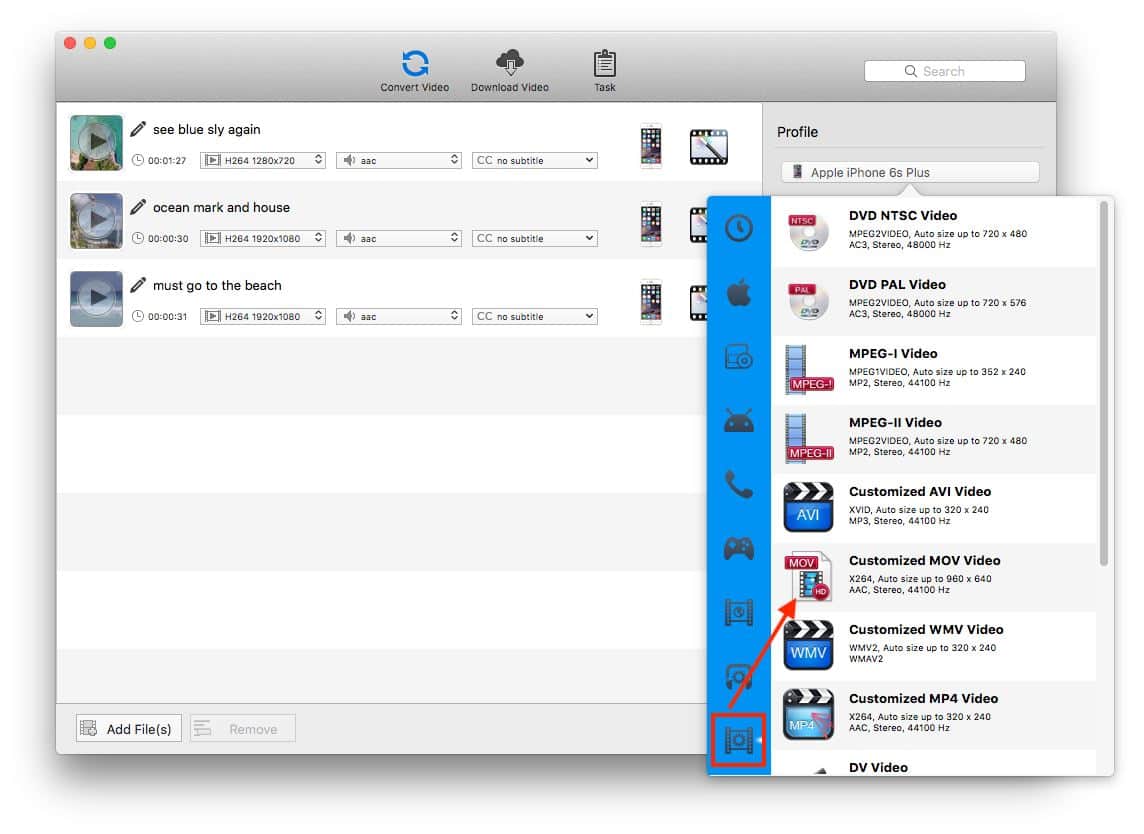 Выбор выходного формата в Any Video Converter