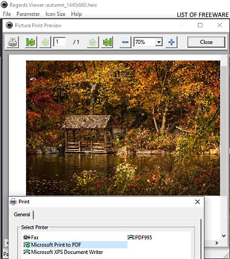 Regards Viewer: печать HEIC через Microsoft Print to PDF