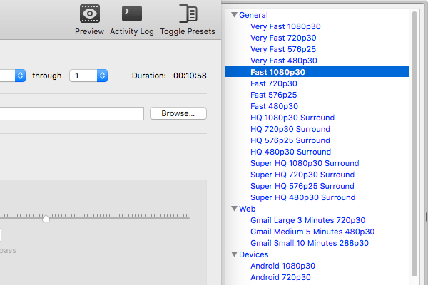 Панель presets в HandBrake