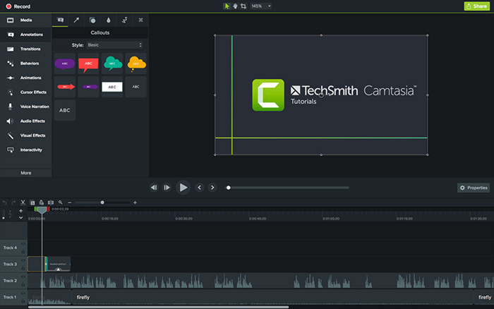 Интерфейс Camtasia для записи и редактирования вебинара