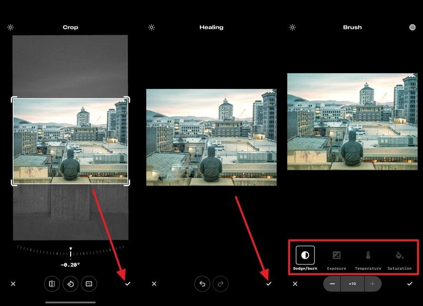 Интерфейс Snapseed с инструментами Healing и Brush, включая Dodge Burn и Exposure