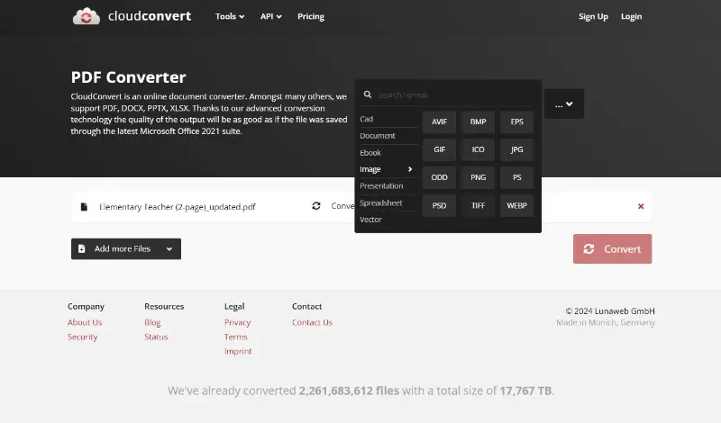 Форма CloudConvert для конвертации PDF