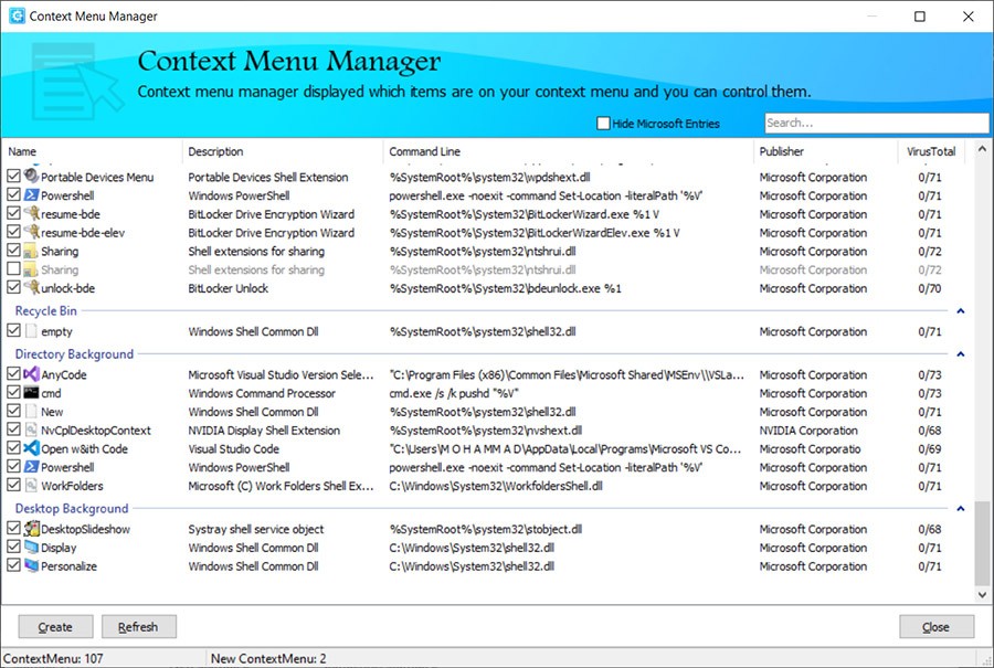 Context Menu Manager в HiBit Startup Manager со списком пунктов контекстного меню Windows