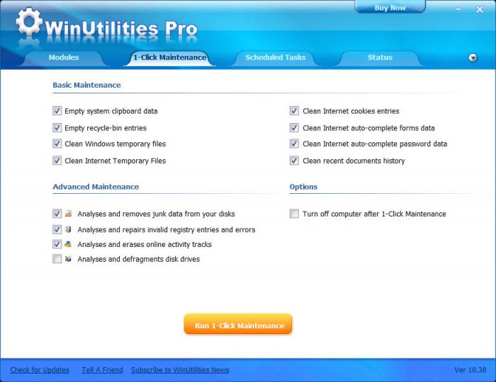 Вкладка 1-Click Maintenance в WinUtilities Pro