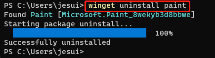 Успешное удаление приложения командой winget uninstall