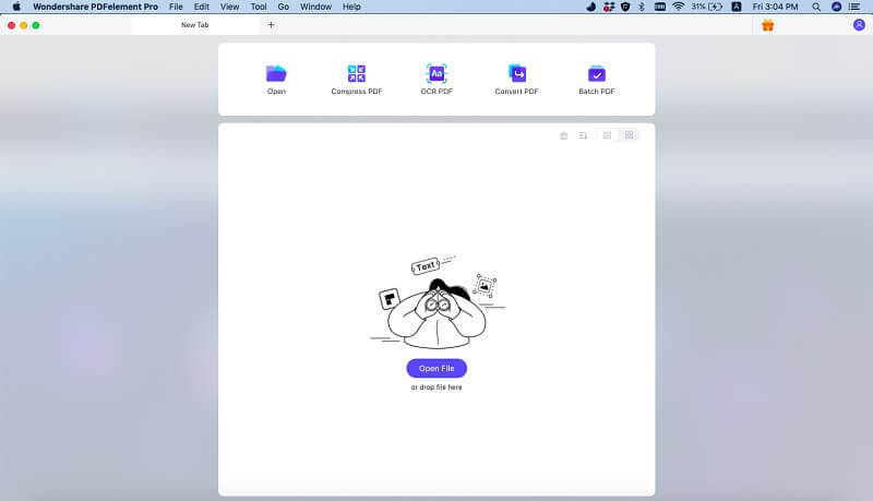 Стартовое окно PDFelement с командами Open, Compress PDF, OCR PDF, Convert PDF и Batch PDF