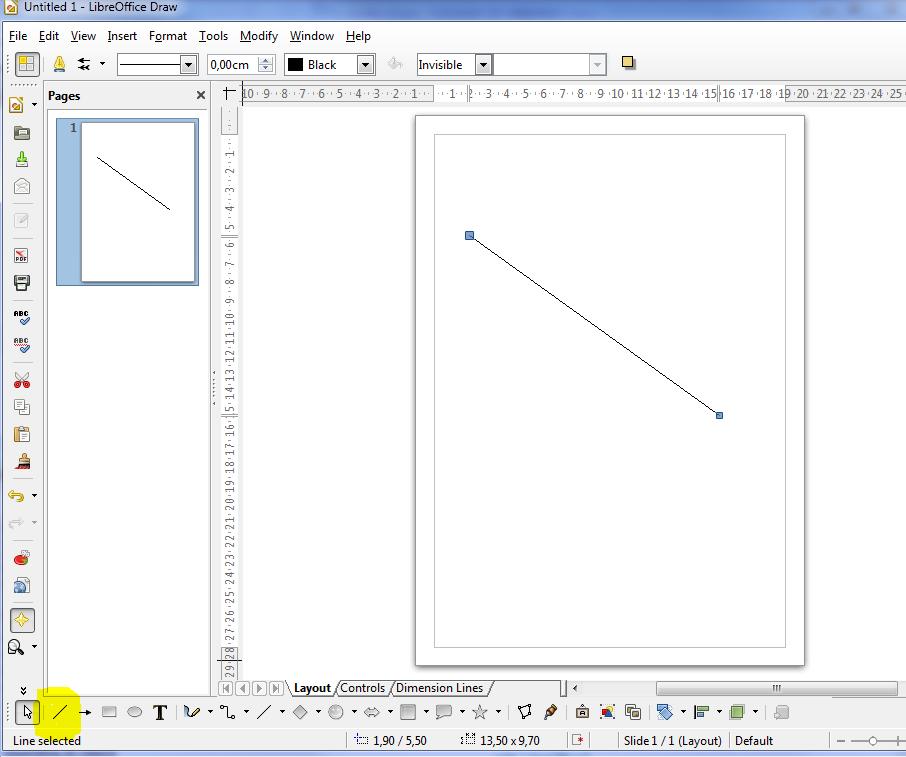 Выделенная линия в LibreOffice Draw с маркерами конечных точек