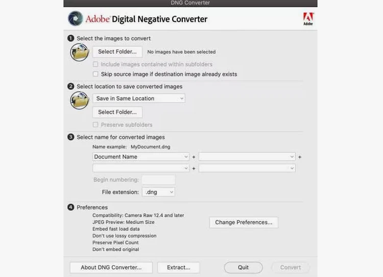 Окно Adobe DNG Converter с настройками преобразования CR3