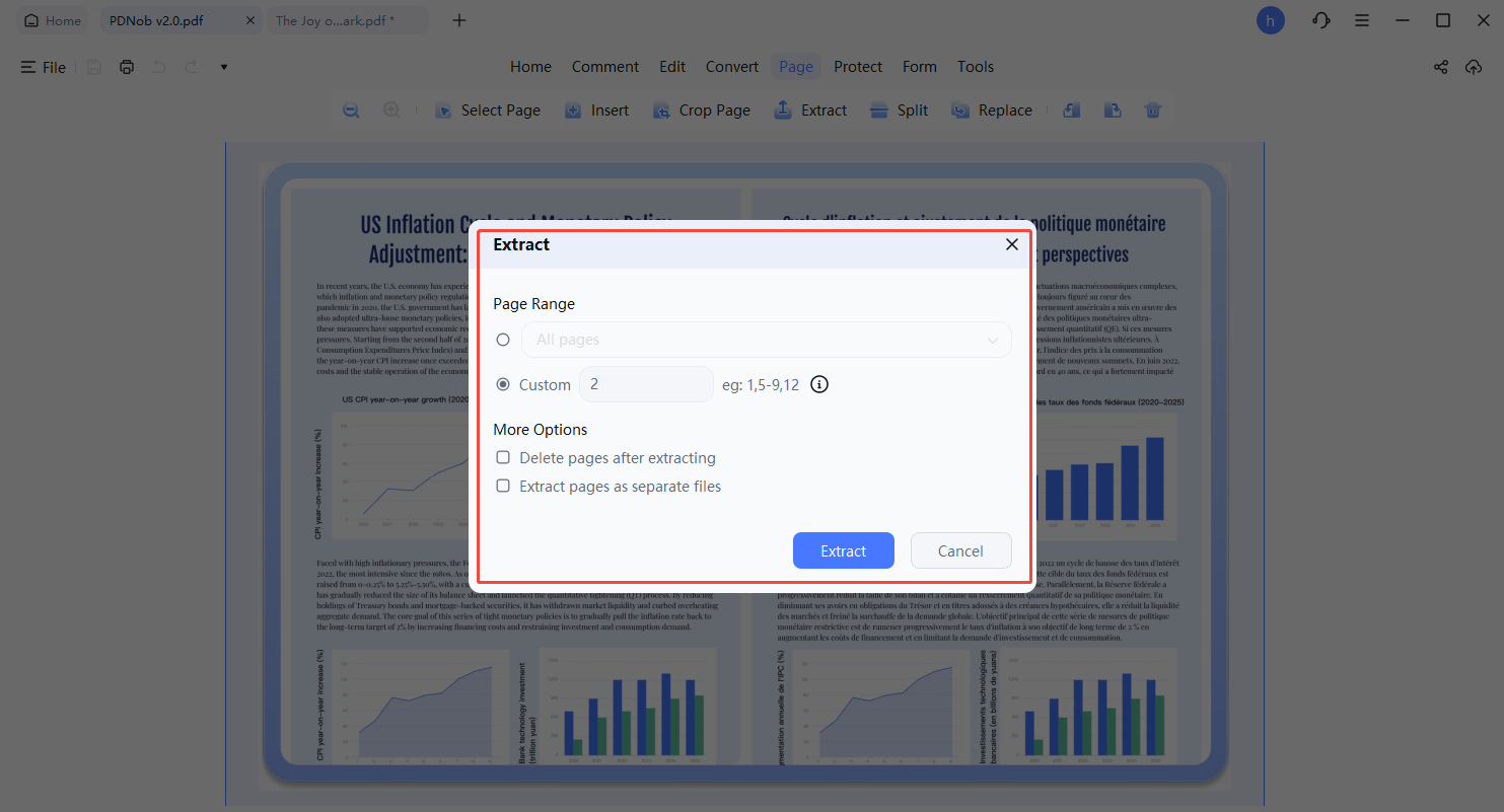Окно Extract в PDNob PDF Editor с диапазоном и режимом отдельных файлов
