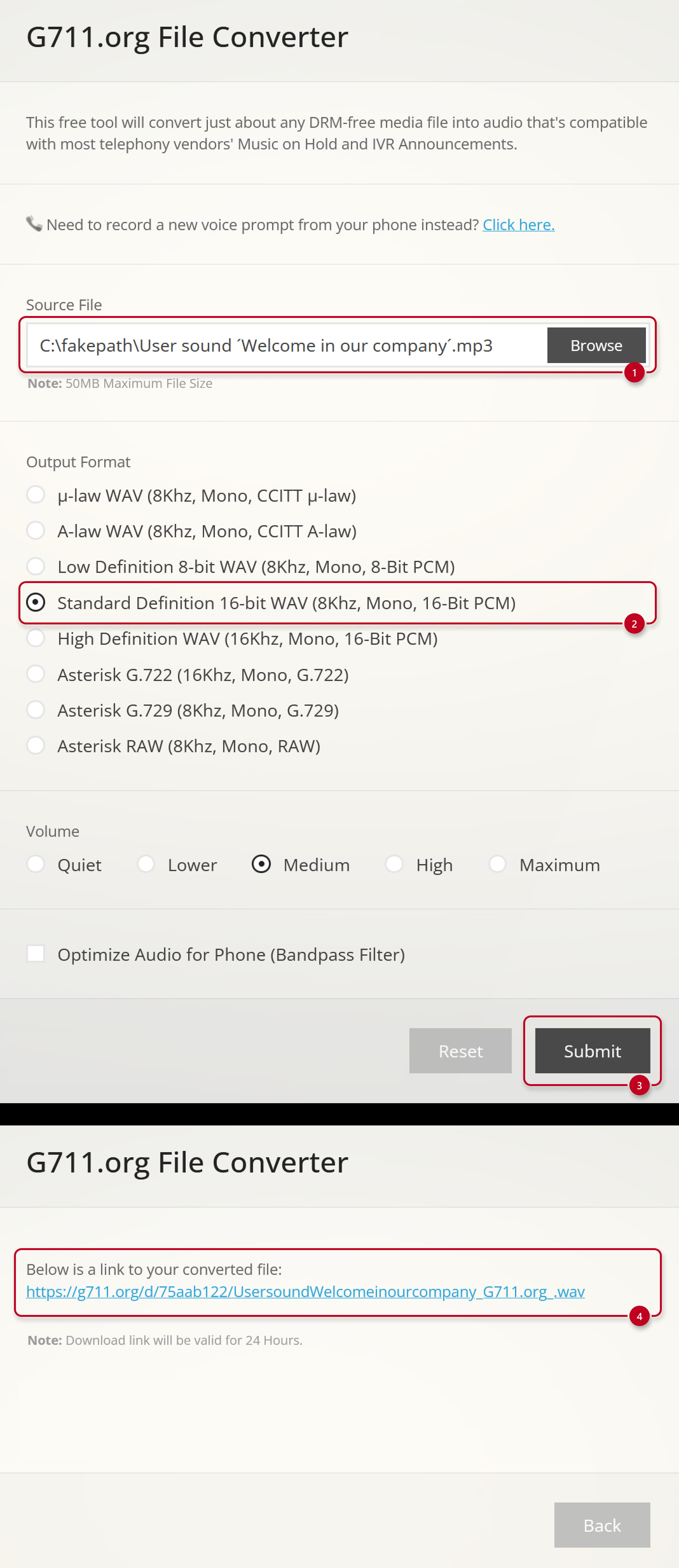 Интерфейс G711.org File Converter с форматом Asterisk G.729 и кнопкой Submit