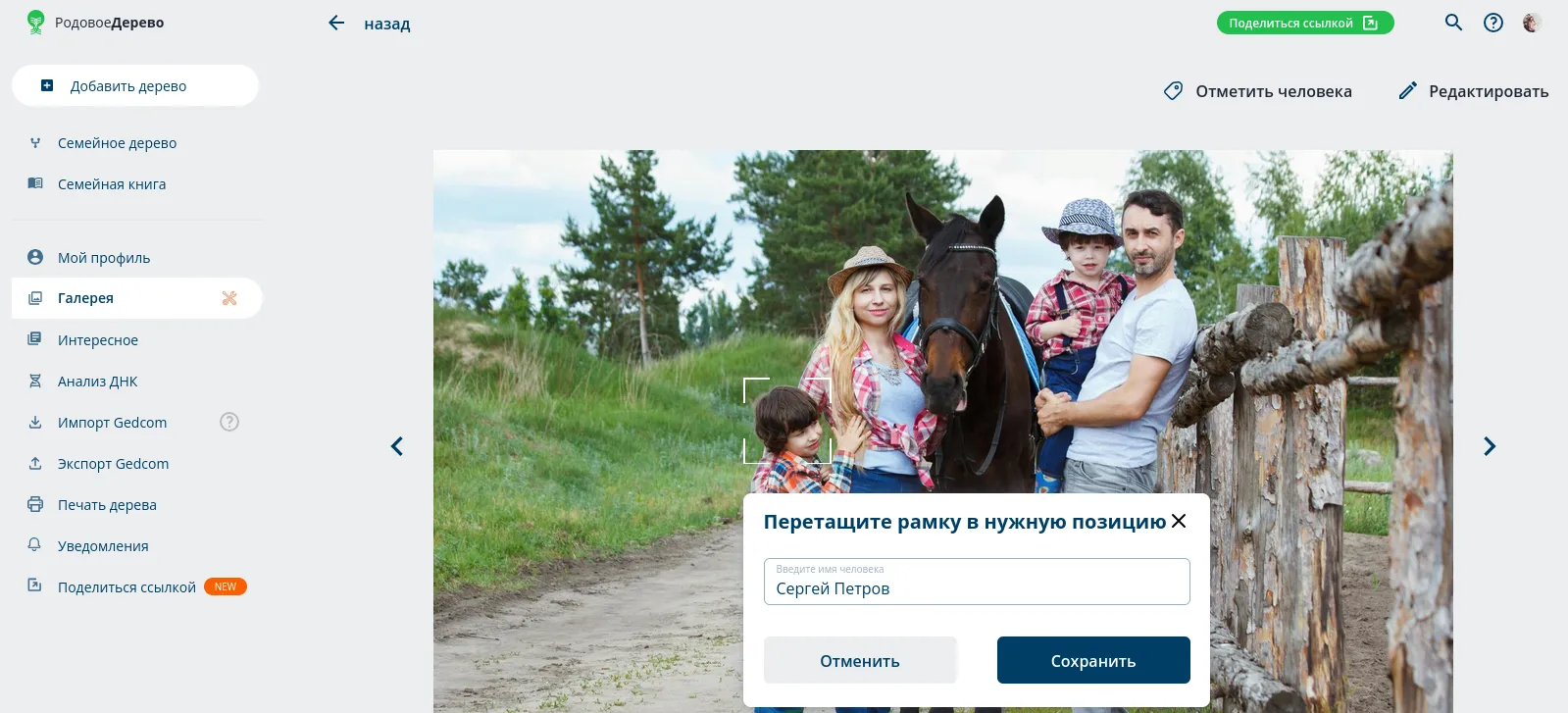 Привязка людей к семейной фотографии в сервисе Родовое дерево