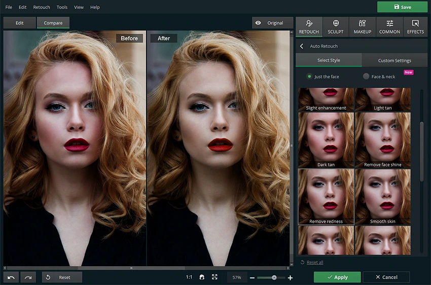 Интерфейс PhotoDiva с Auto Retouch и готовыми вариантами портретной коррекции