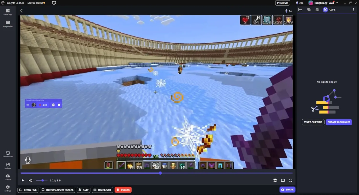 Параметры записи Minecraft в Insights Capture