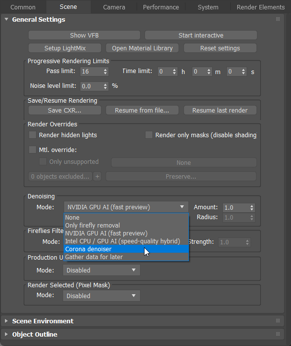 Выбор режима Denoising в Render Setup Corona для 3ds Max