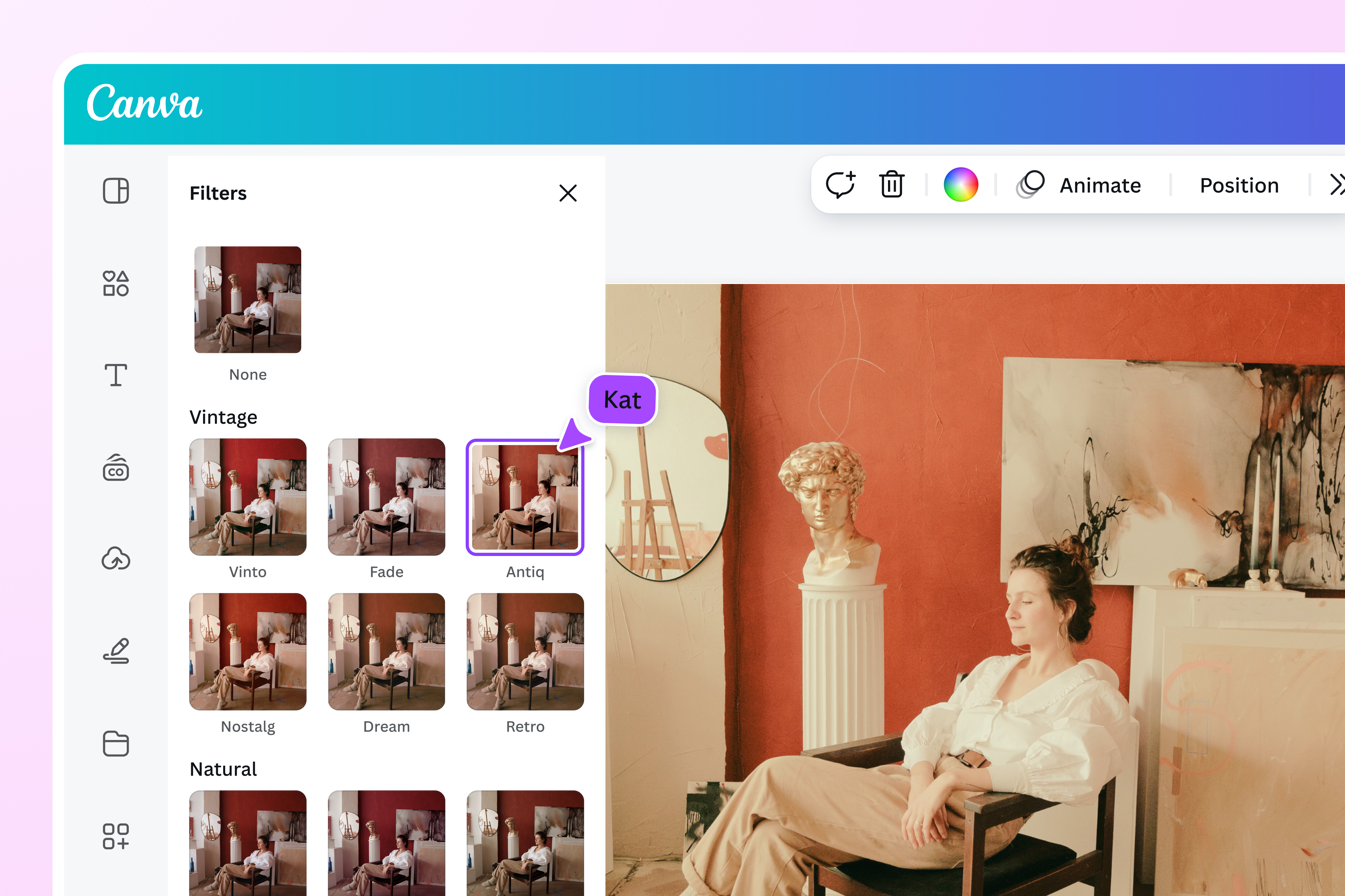 Панель Vintage в Canva с фильтрами Vinto, Fade, Antiq, Nostalg, Dream и Retro
