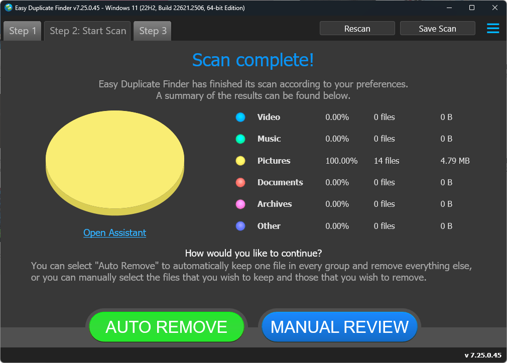 Экран завершённого сканирования с кнопками AUTO REMOVE и MANUAL REVIEW