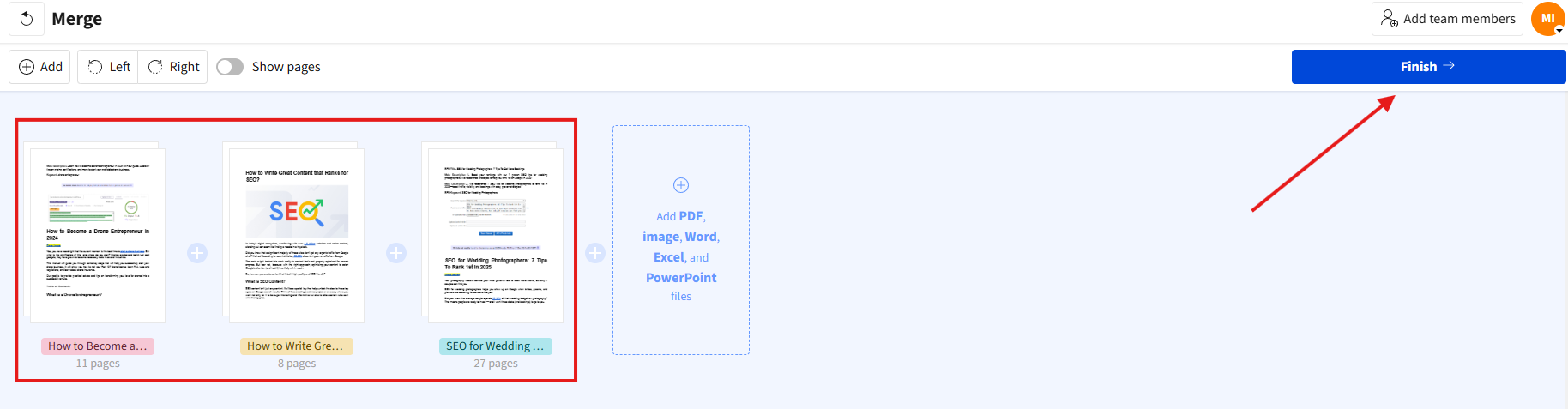 Интерфейс объединения PDF в Smallpdf