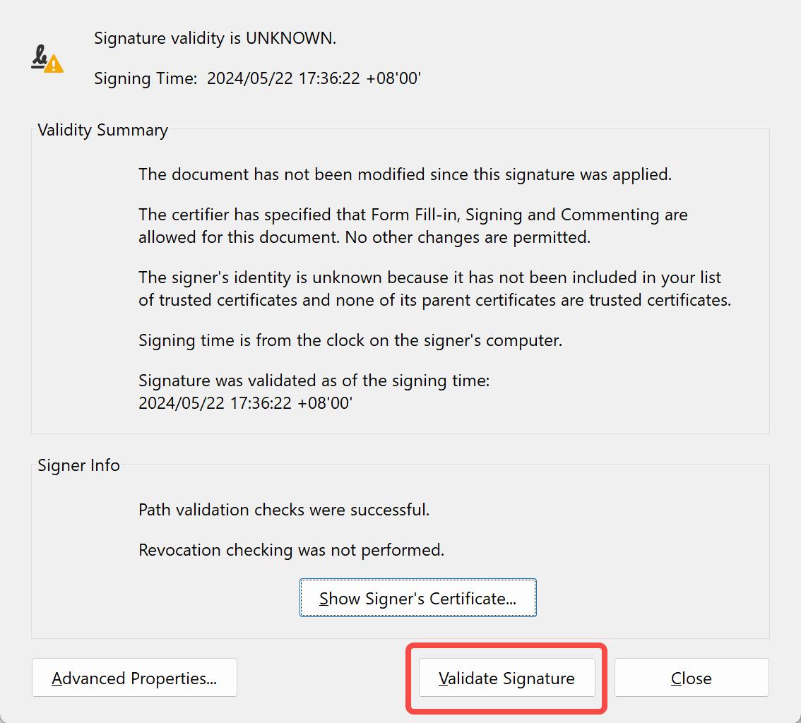 Adobe Acrobat: окно Signature Properties с командой Validate Signature и результатами проверки