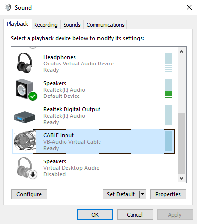 Классическое окно Sound с виртуальным CABLE Input для маршрутизации AndroidMic