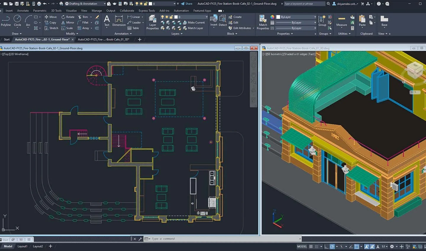 Рабочая среда AutoCAD с техническим чертежом