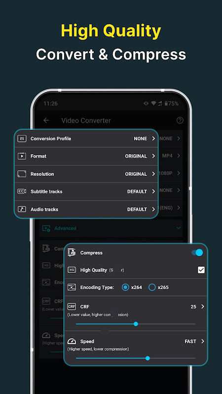 Экран параметров и конвертации в Video Converter Compressor на Android
