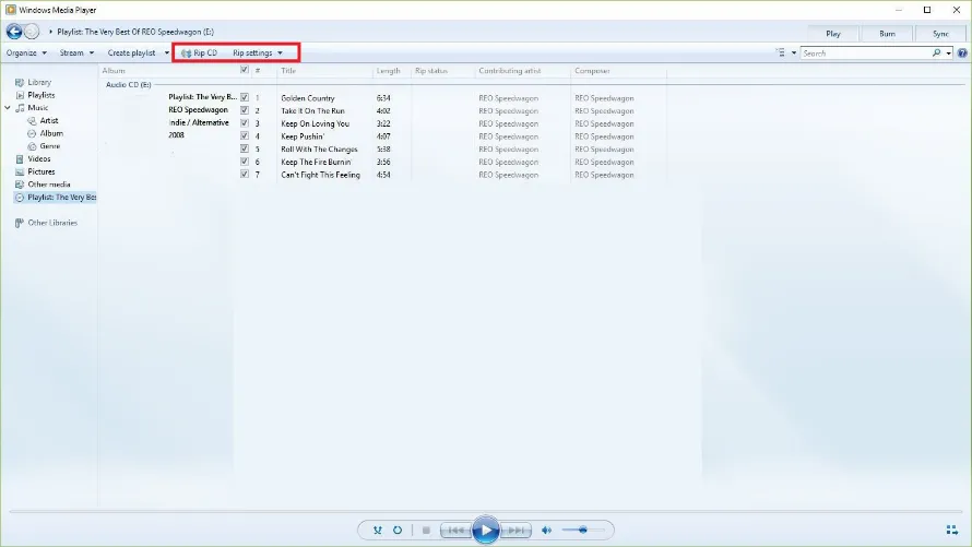 Команды Rip CD и Rip settings в Windows Media Player