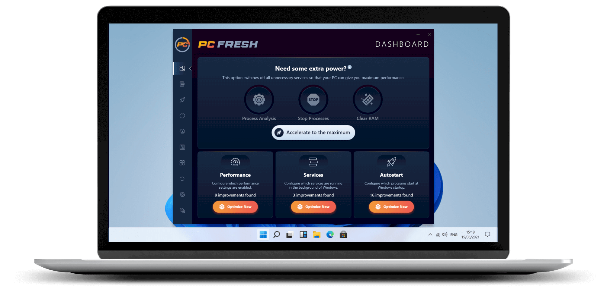 Главное окно PC Fresh с Dashboard, блоком Power-Now! mode и кнопками Optimize Now
