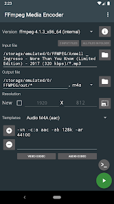 Главное окно FFmpeg Media Encoder с входным и выходным файлами и параметрами кодирования