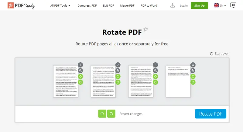 Онлайн-интерфейс PDF Candy Rotate PDF с миниатюрами и кнопками поворота