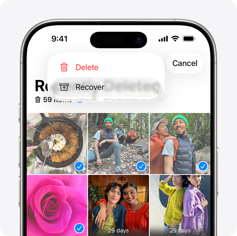 Альбом Recently Deleted в Photos на iPhone с командой восстановления