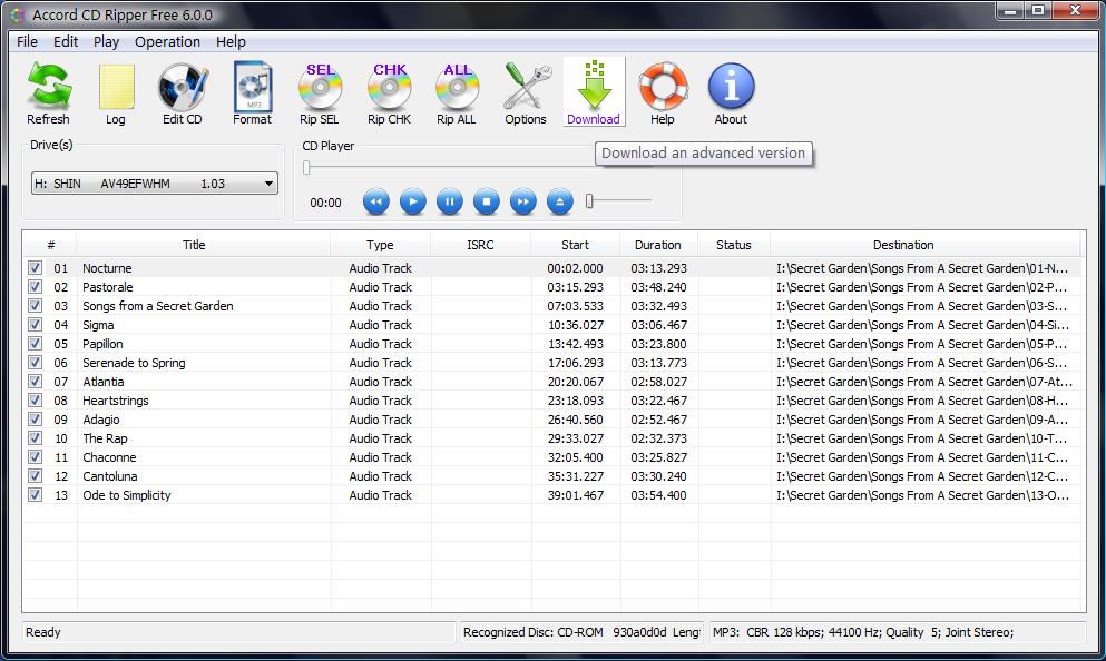 Главное окно Accord CD Ripper Free со списком дорожек Audio CD
