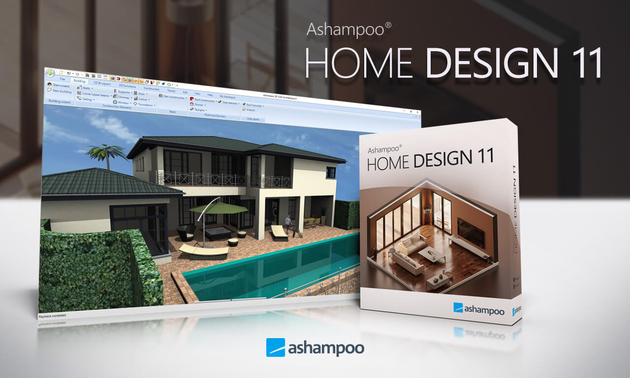 Общий вид Ashampoo Home Design 11 с 3D-проектом дома и фирменной коробкой программы