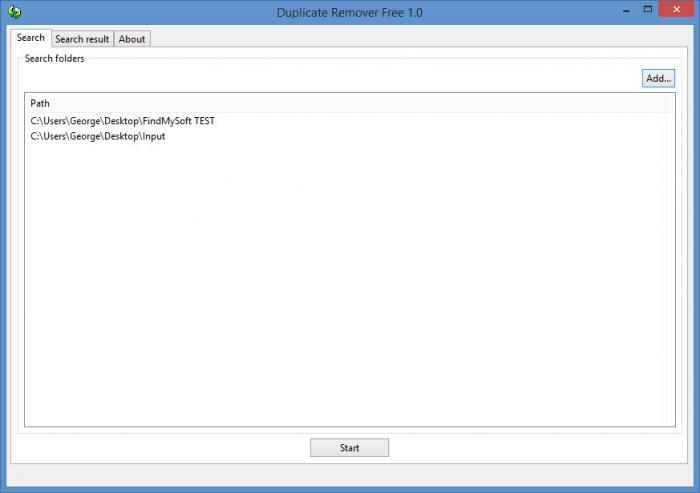 Duplicate Remover Free: вкладка Search с добавленными папками