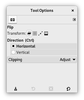 Параметры инструмента Flip в GIMP с выбором Horizontal и Vertical