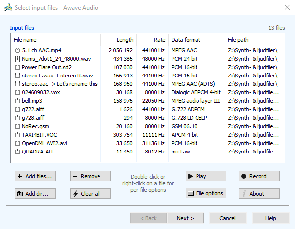 Awave Audio: шаг Select input files с кнопками Add files и Next