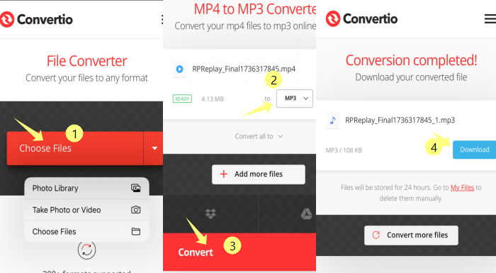 Интерфейс Convertio с выбором файла, формата MP3, кнопками Convert и Download