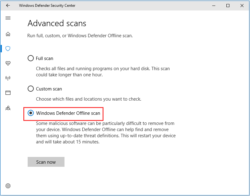 Параметры автономной проверки Microsoft Defender в Windows 10
