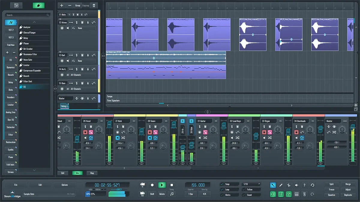 Интерфейс SoundBridge с аудиодорожками и микшером
